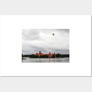 Yellow air balloon over red Castle Posters and Art